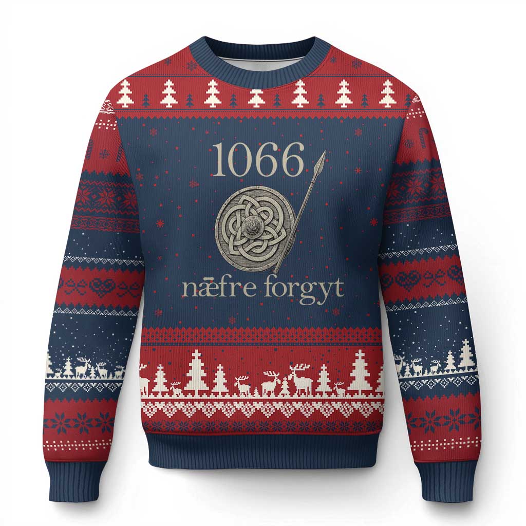 1066 Never Forget Ugly Christmas Sweater Battle of Hastings Old English Anglo Saxon Warrior Medieval Shield TS02 Navy Red Print Your Wear