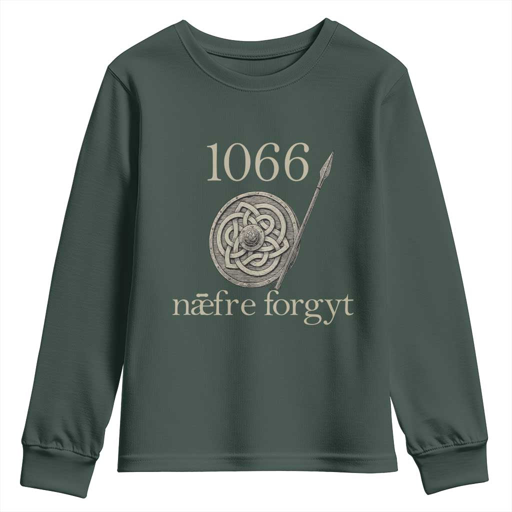 1066 Never Forget Youth Sweatshirt Battle of Hastings Old English Anglo Saxon Warrior Medieval Shield TS02 Dark Forest Green Print Your Wear