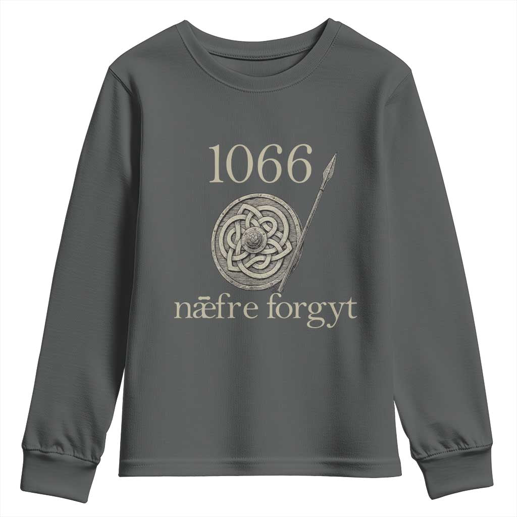 1066 Never Forget Youth Sweatshirt Battle of Hastings Old English Anglo Saxon Warrior Medieval Shield TS02 Dark Heather Print Your Wear