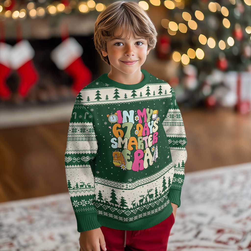 In My 67 Days Smarter Era Ugly Christmas Sweater Cute Retro 6 7 Days of School Six Seven Meme TS02 Forest Green Beige Print Your Wear