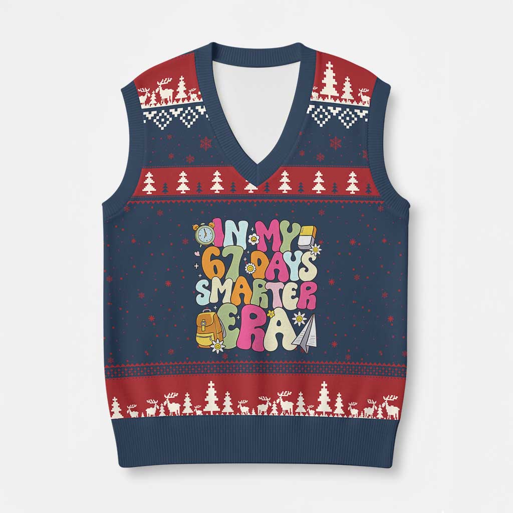 In My 67 Days Smarter Era V-Neck Knit Sweater Vest Cute Retro 6 7 Days of School Six Seven Meme TS02 Navy Red Print Your Wear