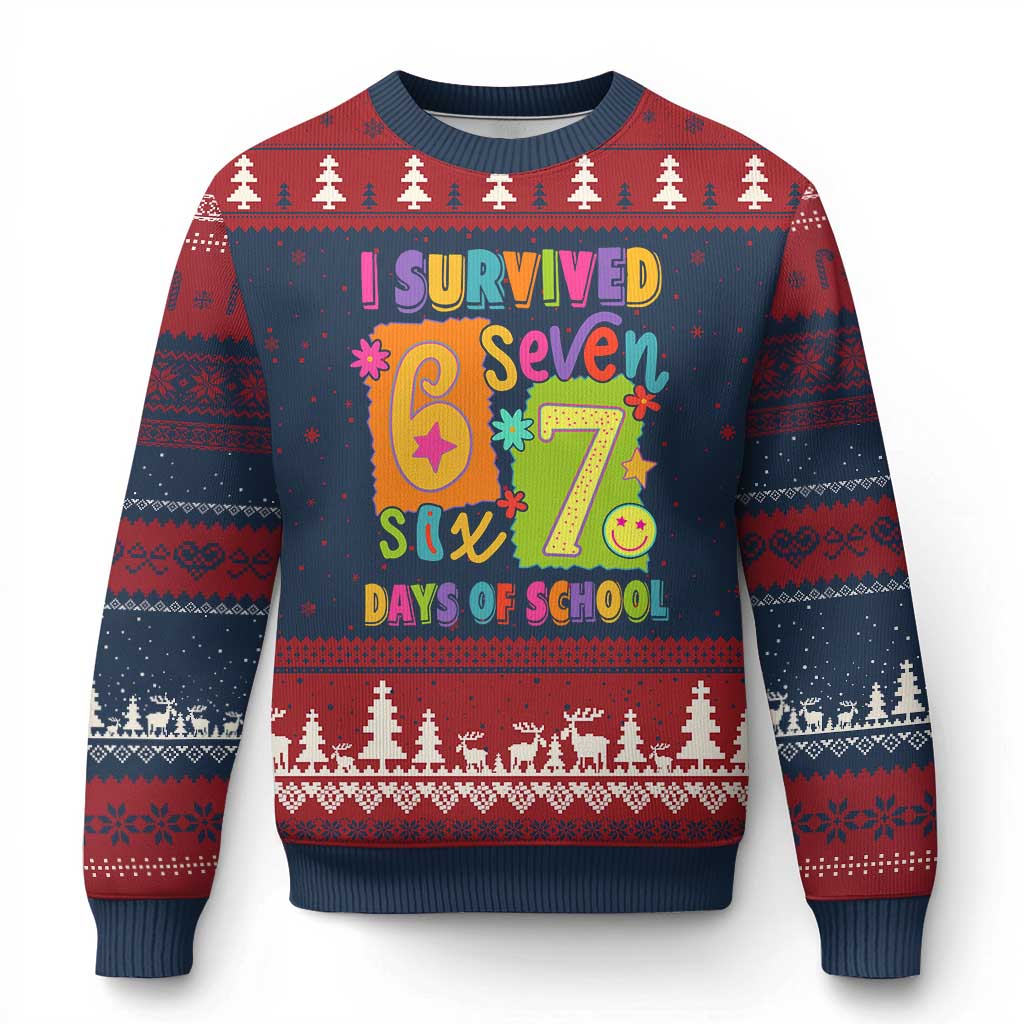 I Survived 67 Days of School Ugly Christmas Sweater Funny 6 7 Six Seven Chaos Survivor for Students Teachers TS02 Navy Red Print Your Wear