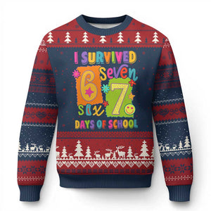 I Survived 67 Days of School Ugly Christmas Sweater Funny 6 7 Six Seven Chaos Survivor for Students Teachers TS02 Navy Red Print Your Wear