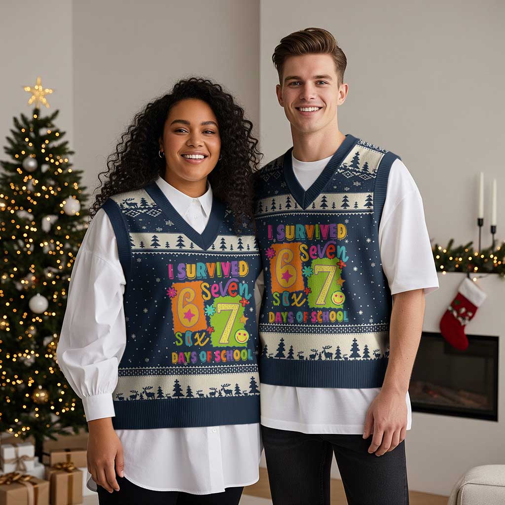 I Survived 67 Days of School V-Neck Knit Sweater Vest Funny 6 7 Six Seven Chaos Survivor for Students Teachers TS02 Navy Beige Print Your Wear