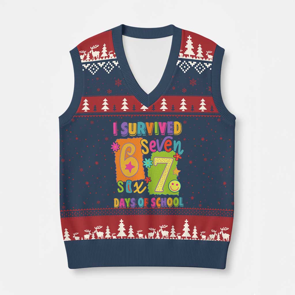 I Survived 67 Days of School V-Neck Knit Sweater Vest Funny 6 7 Six Seven Chaos Survivor for Students Teachers TS02 Navy Red Print Your Wear