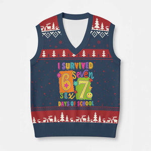 I Survived 67 Days of School V-Neck Knit Sweater Vest Funny 6 7 Six Seven Chaos Survivor for Students Teachers TS02 Navy Red Print Your Wear