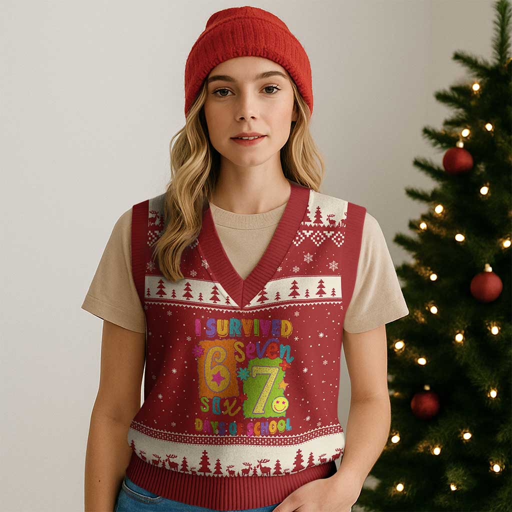 I Survived 67 Days of School V-Neck Knit Sweater Vest Funny 6 7 Six Seven Chaos Survivor for Students Teachers TS02 Red Beige Print Your Wear