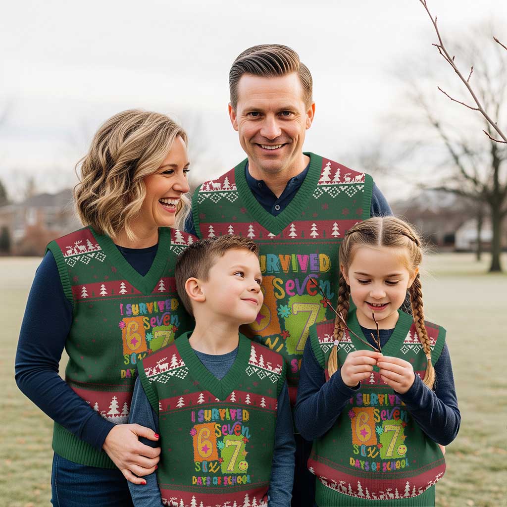 I Survived 67 Days of School V-Neck Knit Sweater Vest Funny 6 7 Six Seven Chaos Survivor for Students Teachers TS02 Red Green Print Your Wear