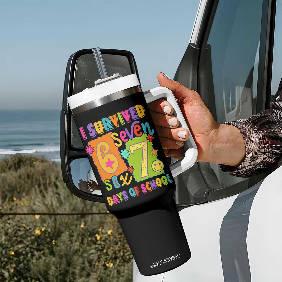 I Survived 67 Days of School Tumbler With Handle Funny 6 7 Six Seven Chaos Survivor for Students Teachers TS02 Print Your Wear
