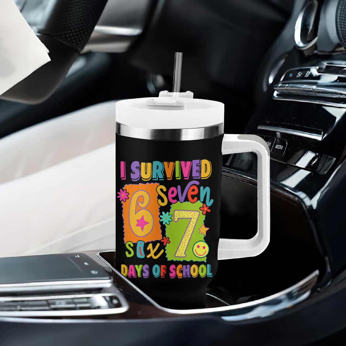 I Survived 67 Days of School Tumbler With Handle Funny 6 7 Six Seven Chaos Survivor for Students Teachers TS02 Print Your Wear