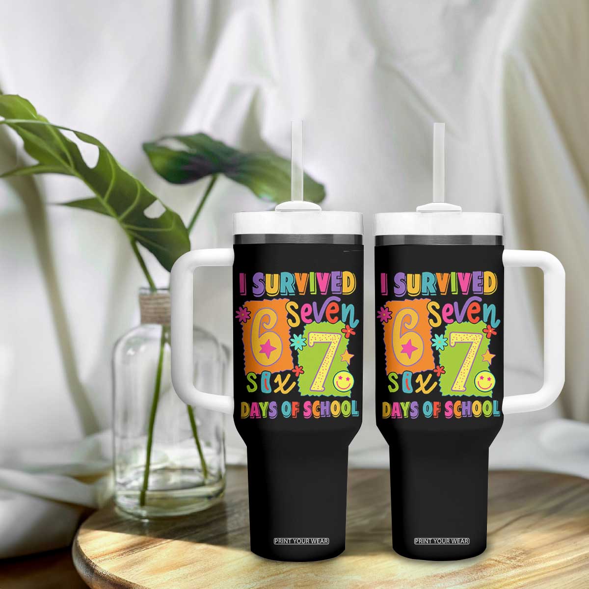I Survived 67 Days of School Tumbler With Handle Funny 6 7 Six Seven Chaos Survivor for Students Teachers TS02 Print Your Wear