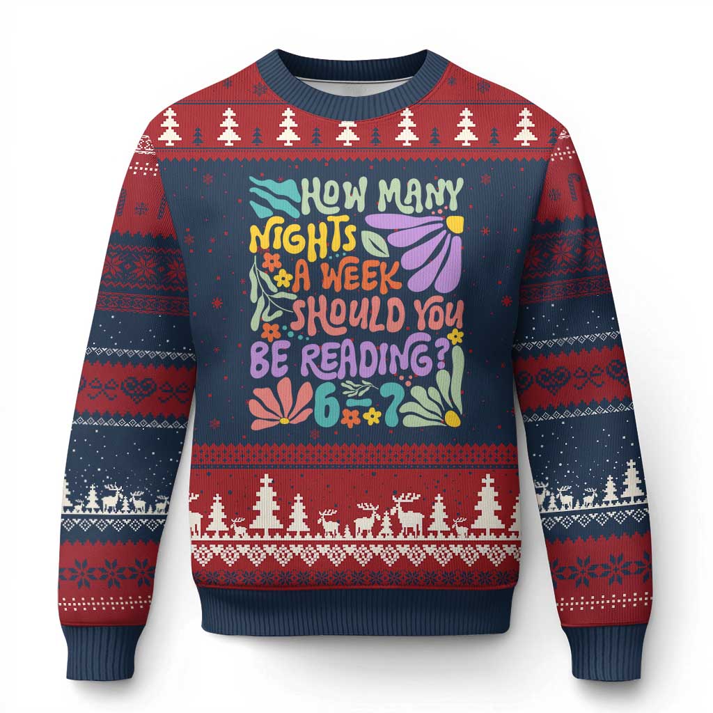 How Many Nights Should You Be Reading 6 7 Ugly Christmas Sweater Retro Funny 67 Six Seven Meme Book Lover TS02 Navy Red Print Your Wear