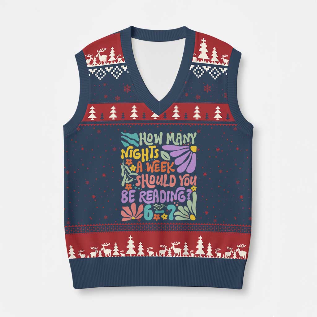 How Many Nights Should You Be Reading 6 7 V-Neck Knit Sweater Vest Retro Funny 67 Six Seven Meme Book Lover TS02 Navy Red Print Your Wear