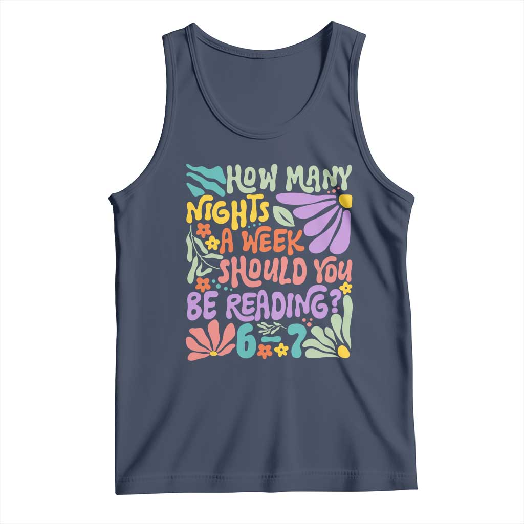 How Many Nights Should You Be Reading 6 7 Tank Top Retro Funny 67 Six Seven Meme Book Lover TS02 Navy Print Your Wear