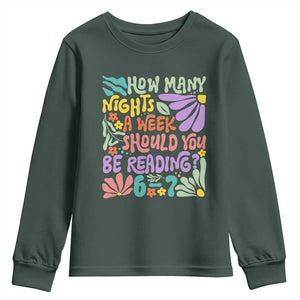 How Many Nights Should You Be Reading 6 7 Youth Sweatshirt Retro Funny 67 Six Seven Meme Book Lover TS02 Dark Forest Green Print Your Wear