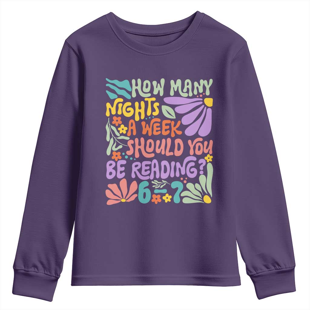 How Many Nights Should You Be Reading 6 7 Youth Sweatshirt Retro Funny 67 Six Seven Meme Book Lover TS02 Purple Print Your Wear