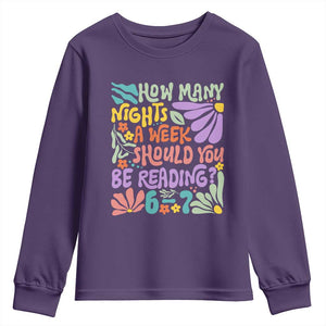 How Many Nights Should You Be Reading 6 7 Youth Sweatshirt Retro Funny 67 Six Seven Meme Book Lover TS02 Purple Print Your Wear