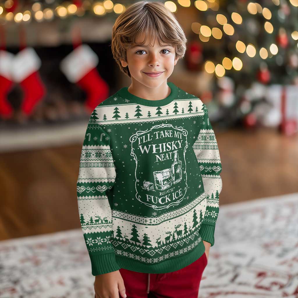 I Will Take My Whisky Neat Because F Ice Ugly Christmas Sweater Whiskey Humor Edgy Political Drinking Pun TS02 Forest Green Beige Print Your Wear