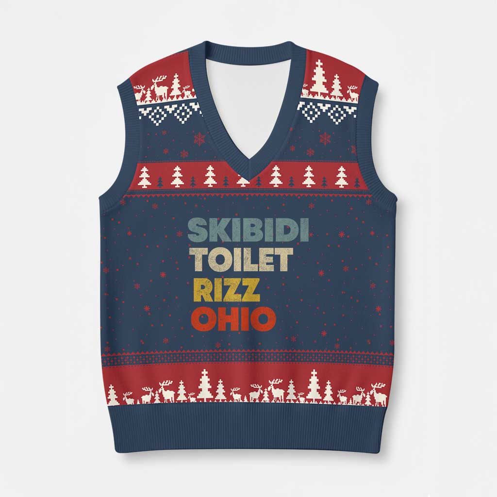 Skibidi Toilet Rizz Ohio V-Neck Knit Sweater Vest Funny Gen Alpha Slang Rizzler Game TS02 Navy Red Print Your Wear