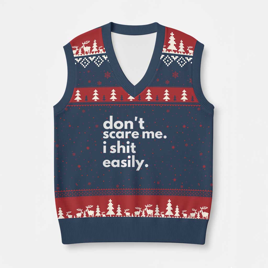 Funny Sarcastic Quote V-Neck Knit Sweater Vest Don't Scare Me I Shit Easily TS02 Navy Red Print Your Wear