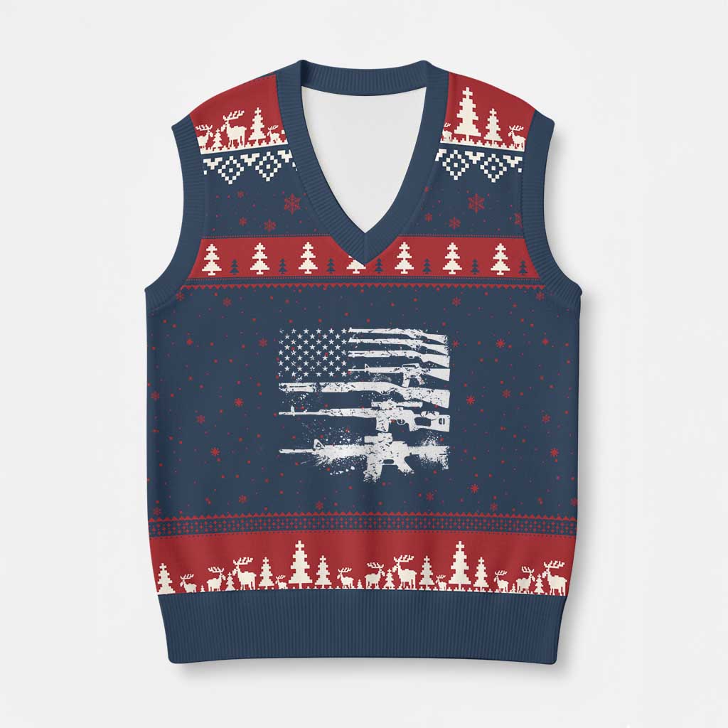 Machine Guns American Flag V-Neck Knit Sweater Vest For Gun Owner Lover 2A Retro Vintage TS02 Navy Red Print Your Wear