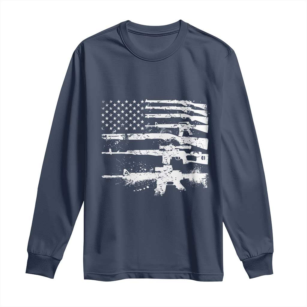 Machine Guns American Flag Long Sleeve Shirt For Gun Owner Lover 2A Retro Vintage TS02 Navy Print Your Wear
