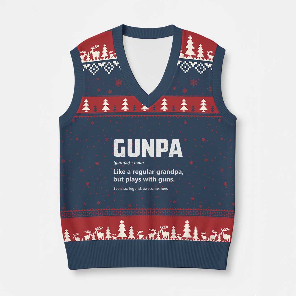 Cool Gun Grandpa Enthusiast V-Neck Knit Sweater Vest Funny Gunpa Definition Like A Regular Grandpa But Plays With Guns TS02 Navy Red Print Your Wear