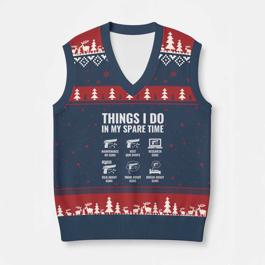 Funny Gun Lover V-Neck Knit Sweater Vest Things I Do In My Spare Time Guns Owner Enthusiast TS02 Navy Red Print Your Wear