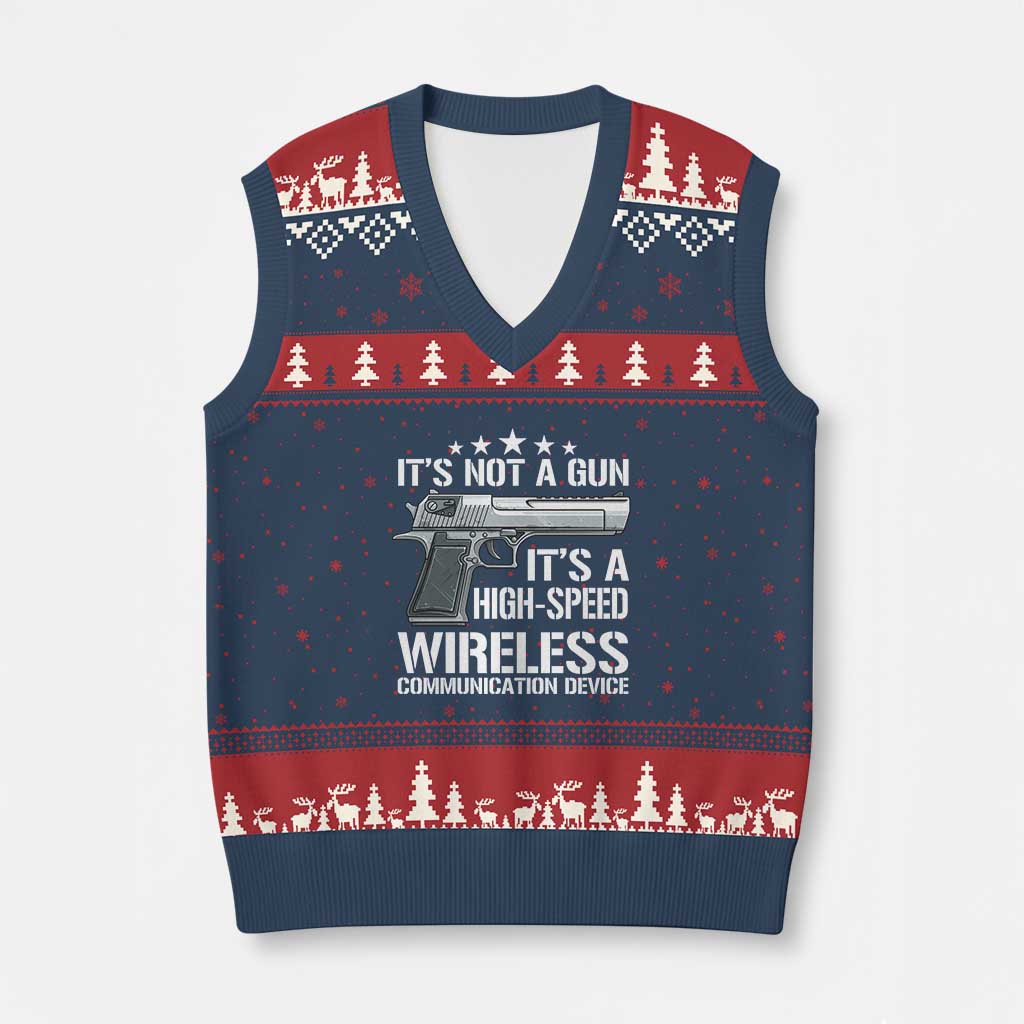 Funny Gun Lover V-Neck Knit Sweater Vest Its Not A Gun Its A High Speed Wireless Communication Device TS02 Navy Red Print Your Wear