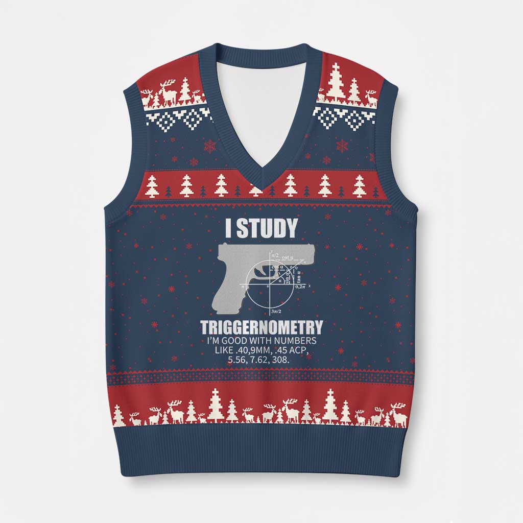 Funny Gun Owner V-Neck Knit Sweater Vest I Study Triggernometry I'm Good With Numbers 2nd Amendment Rights TS02 Navy Red Print Your Wear