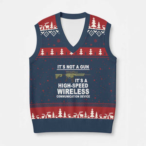 Funny Sarcastic Gun Meme V-Neck Knit Sweater Vest Its Not A Gun It's A High-Speed Wireless Communitation Device Rifle TS02 Navy Red Print Your Wear