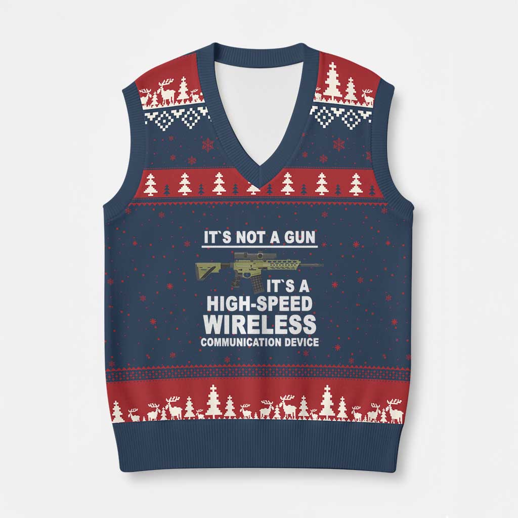 Funny Sarcastic Gun Meme V-Neck Knit Sweater Vest Its Not A Gun It's A High-Speed Wireless Communitation Device Rifle TS02 Navy Red Print Your Wear