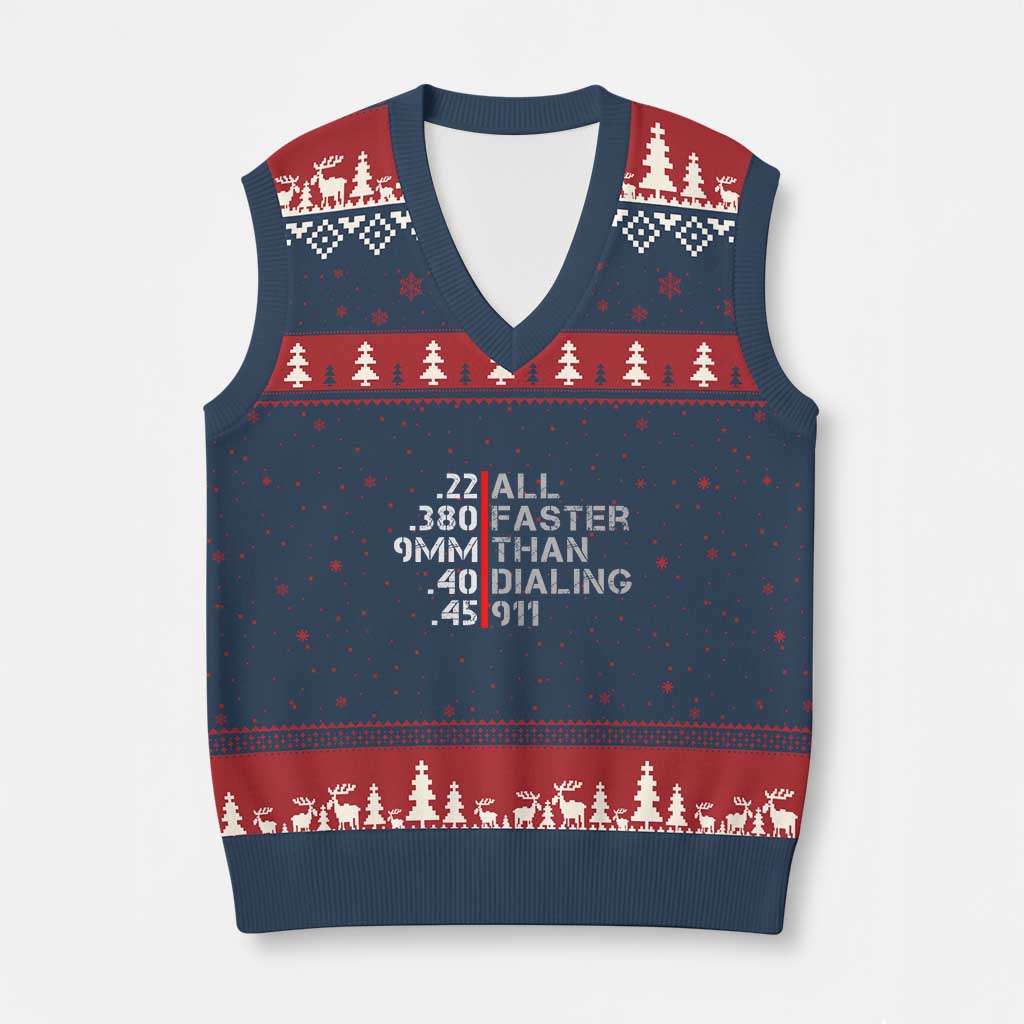 Funny Gun Owner V-Neck Knit Sweater Vest Faster Than Dialing 911 Bullet Diameter TS02 Navy Red Print Your Wear