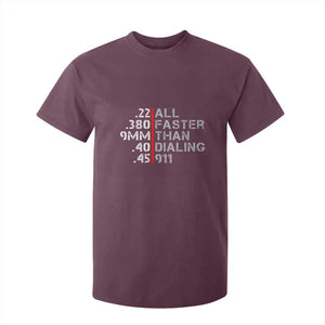 Funny Gun Owner T Shirt For Kid Faster Than Dialing 911 Bullet Diameter TS02 Maroon Print Your Wear