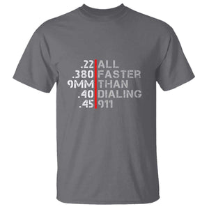 Funny Gun Owner T Shirt Faster Than Dialing 911 Bullet Diameter TS02 Charcoal Print Your Wear