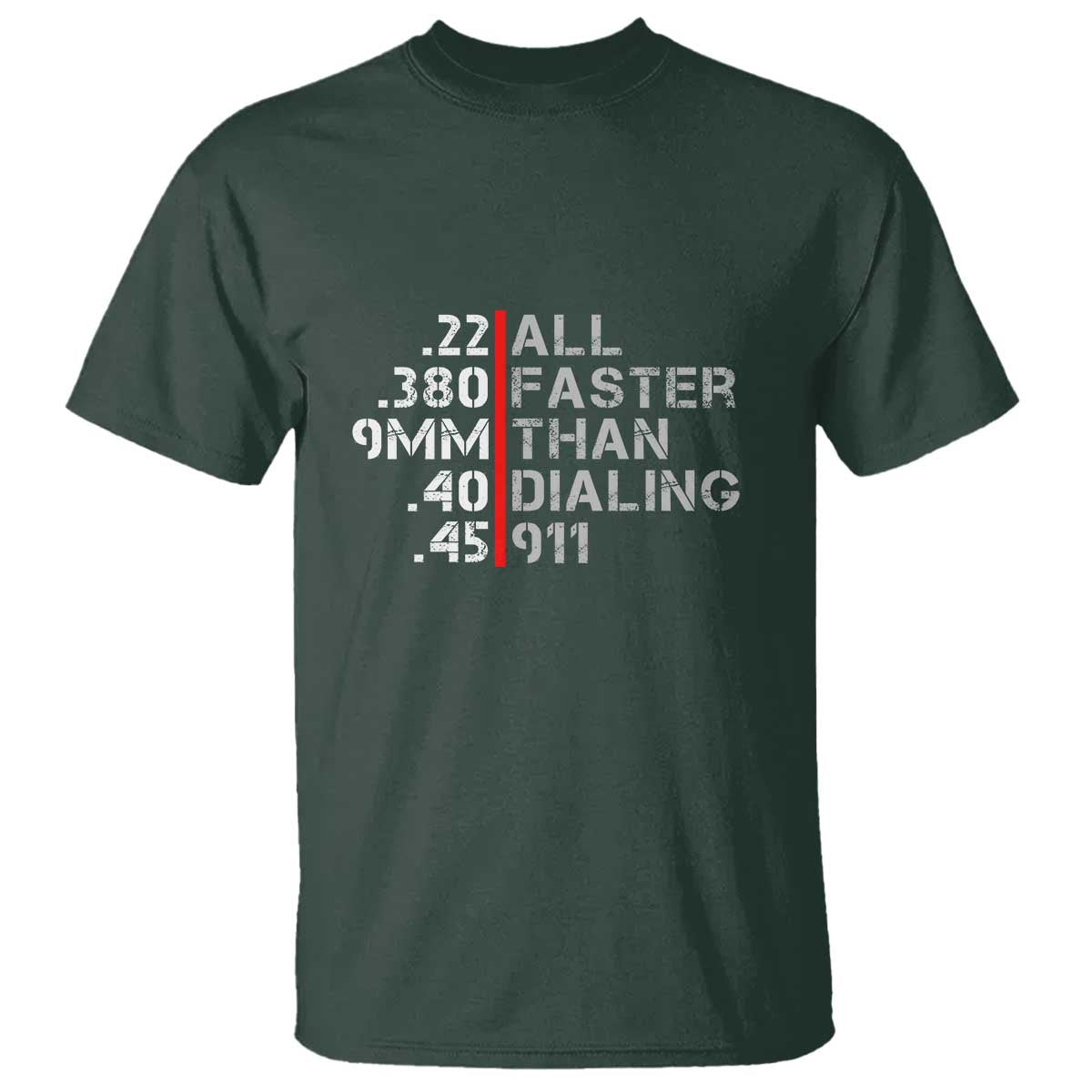 Funny Gun Owner T Shirt Faster Than Dialing 911 Bullet Diameter TS02 Dark Forest Green Print Your Wear