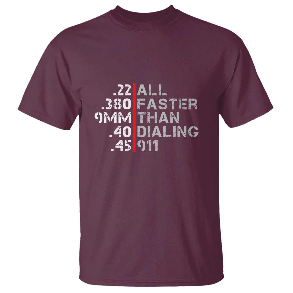 Funny Gun Owner T Shirt Faster Than Dialing 911 Bullet Diameter TS02 Maroon Print Your Wear