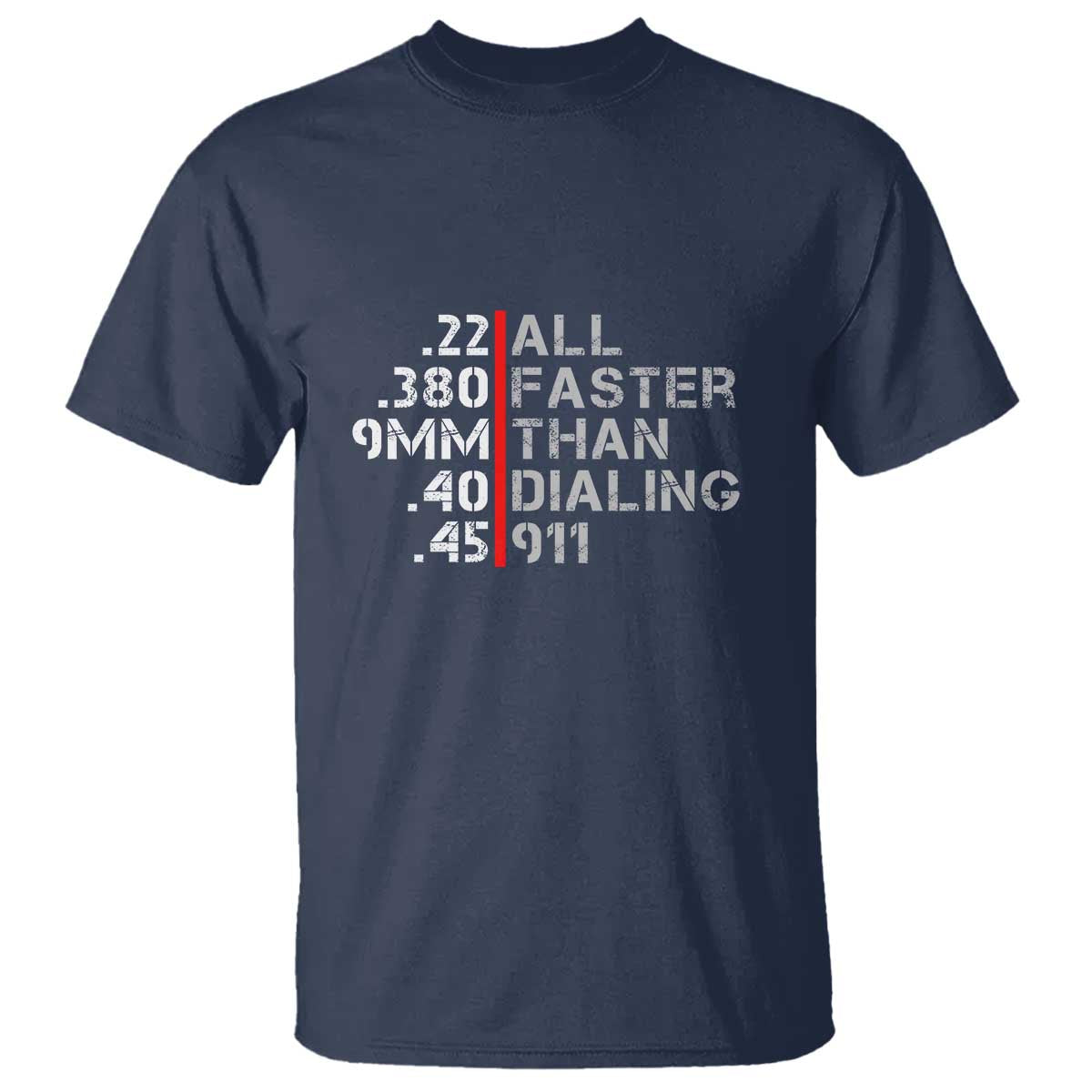 Funny Gun Owner T Shirt Faster Than Dialing 911 Bullet Diameter TS02 Navy Print Your Wear