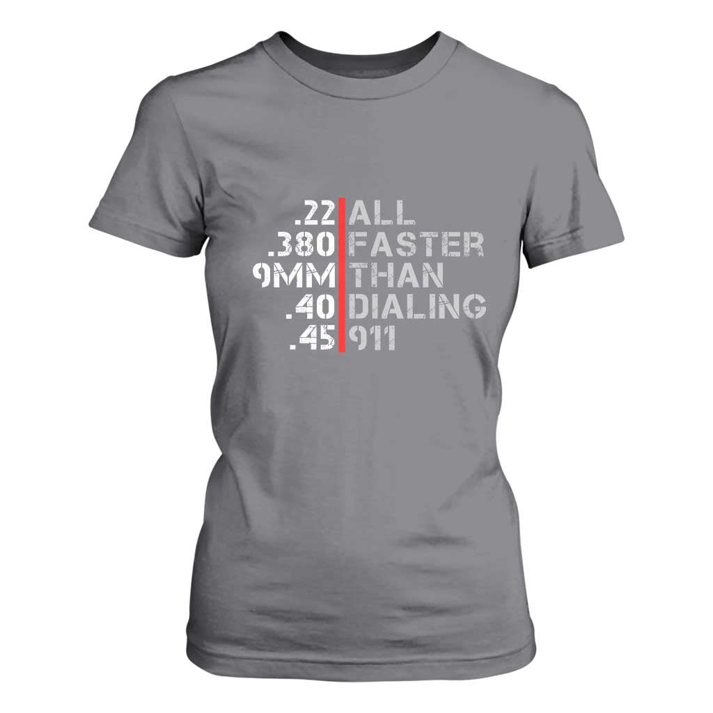 Funny Gun Owner T Shirt For Women Faster Than Dialing 911 Bullet Diameter TS02 Charcoal Print Your Wear