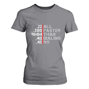 Funny Gun Owner T Shirt For Women Faster Than Dialing 911 Bullet Diameter TS02 Charcoal Print Your Wear