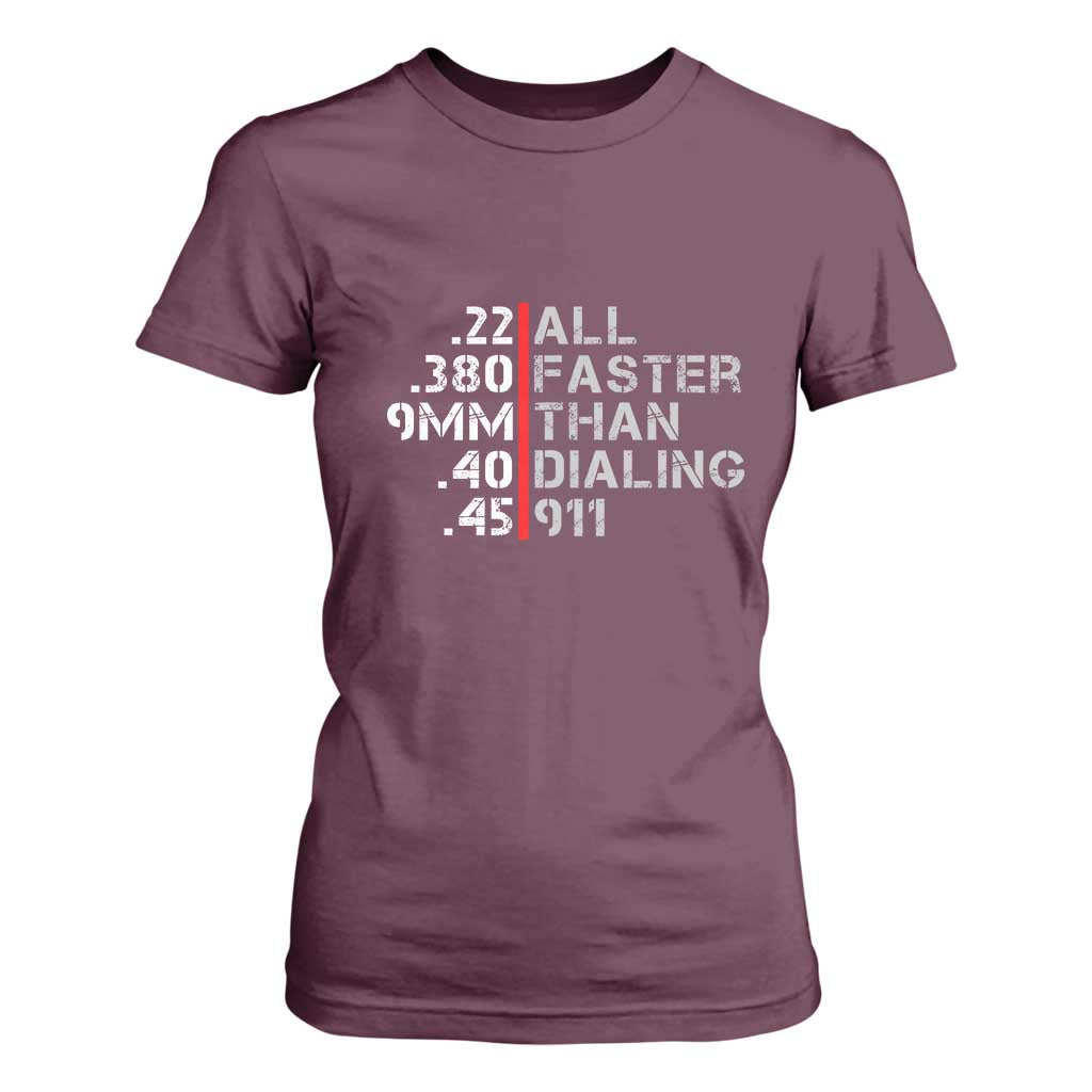 Funny Gun Owner T Shirt For Women Faster Than Dialing 911 Bullet Diameter TS02 Maroon Print Your Wear