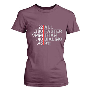 Funny Gun Owner T Shirt For Women Faster Than Dialing 911 Bullet Diameter TS02 Maroon Print Your Wear