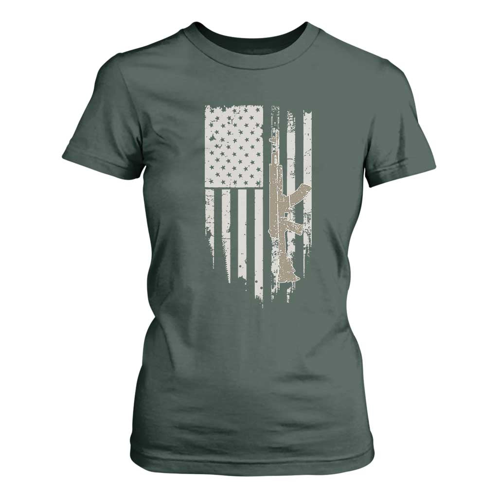 American Flag Second Amendment T Shirt For Women Guns Weapons Rifles 2A Amendment Fathers Day US Flag TS02 Dark Forest Green Print Your Wear