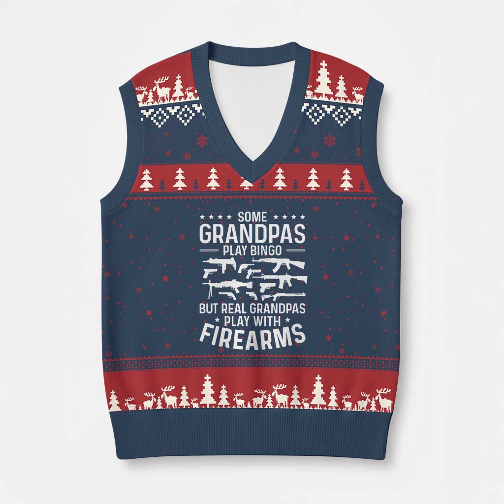 Funny Gun Grandpa V-Neck Knit Sweater Vest Real Grandpas Play With Firearms Guns Owner Lover TS02 Navy Red Print Your Wear