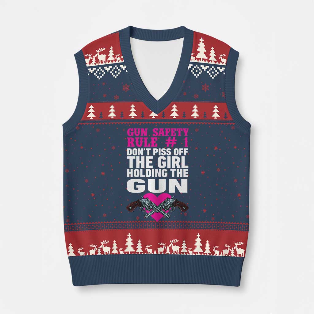 Funny Gun Girls V-Neck Knit Sweater Vest Gun Safety Rule Don't Piss Of The Girl Holding The Gun Owner TS02 Navy Red Print Your Wear