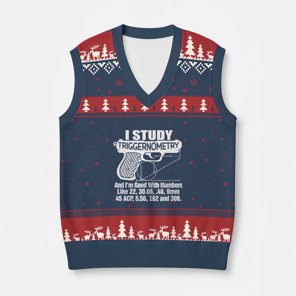 Funny Gun Lover V-Neck Knit Sweater Vest I Study Triggernometry Good With Numbers Guns Owner Enthusiast Gift TS02 Navy Red Print Your Wear