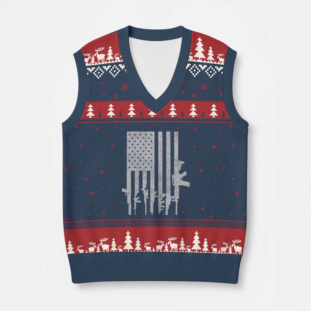 American Flag Rifle Guns V-Neck Knit Sweater Vest Cool Pro Gun Retro Distressed TS02 Navy Red Print Your Wear