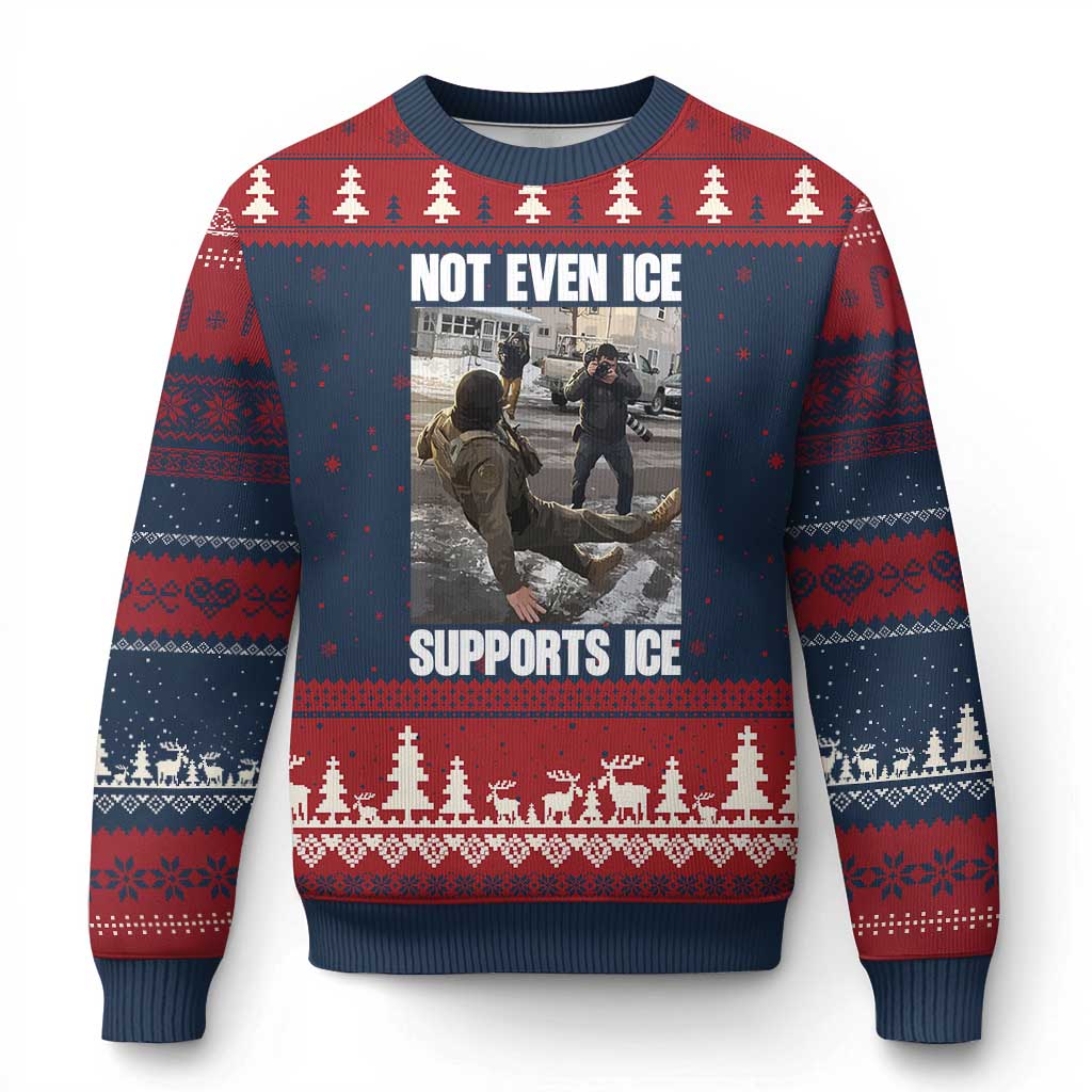 Not Even Ice Supports Ice Ugly Christmas Sweater Viral Political Ice Slipping Meme Against Ice Satire TS02 Navy Red Print Your Wear