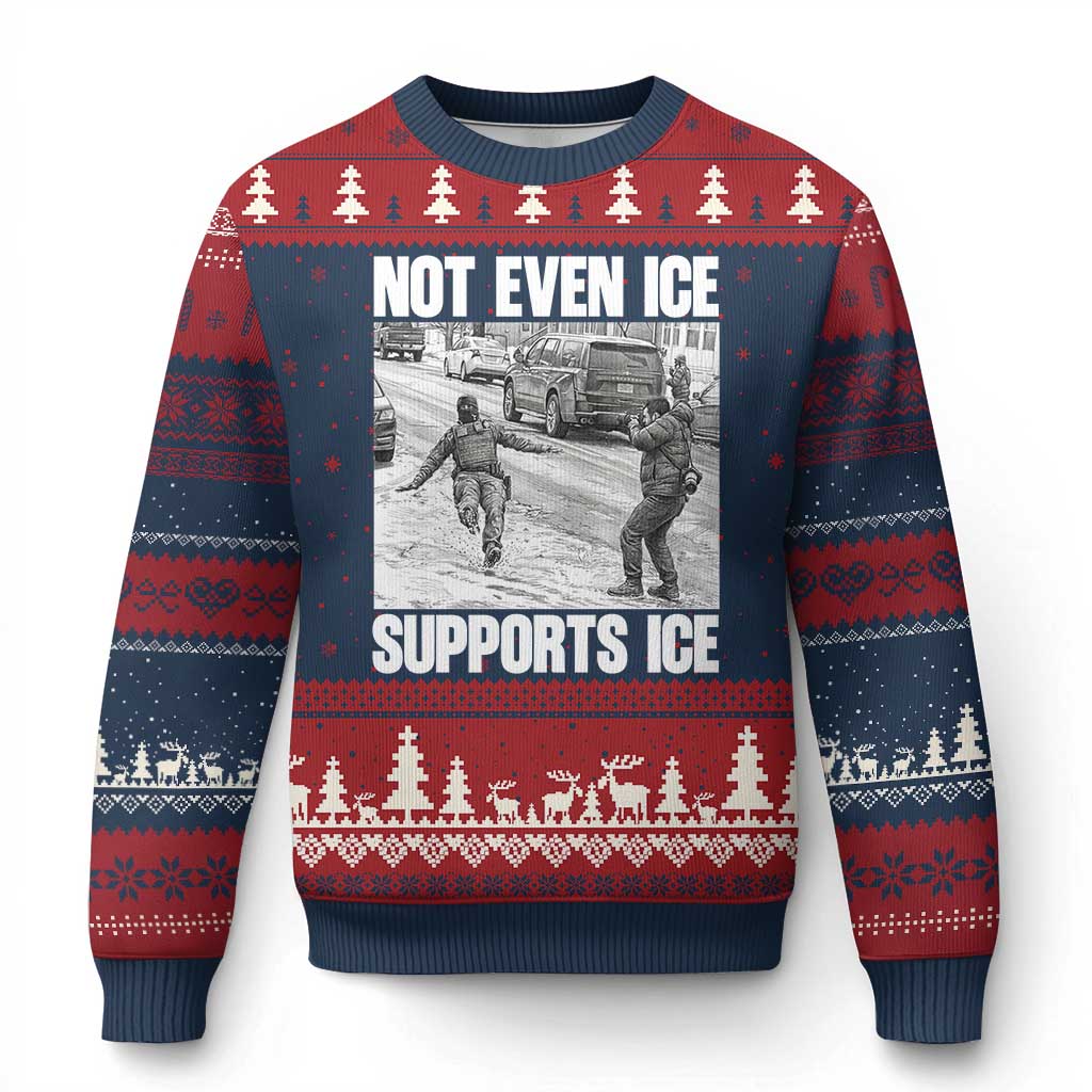 Not Even Ice Supports Ice Ugly Christmas Sweater Viral Political Ice Slipping Captured Meme Against Ice TS02 Navy Red Print Your Wear