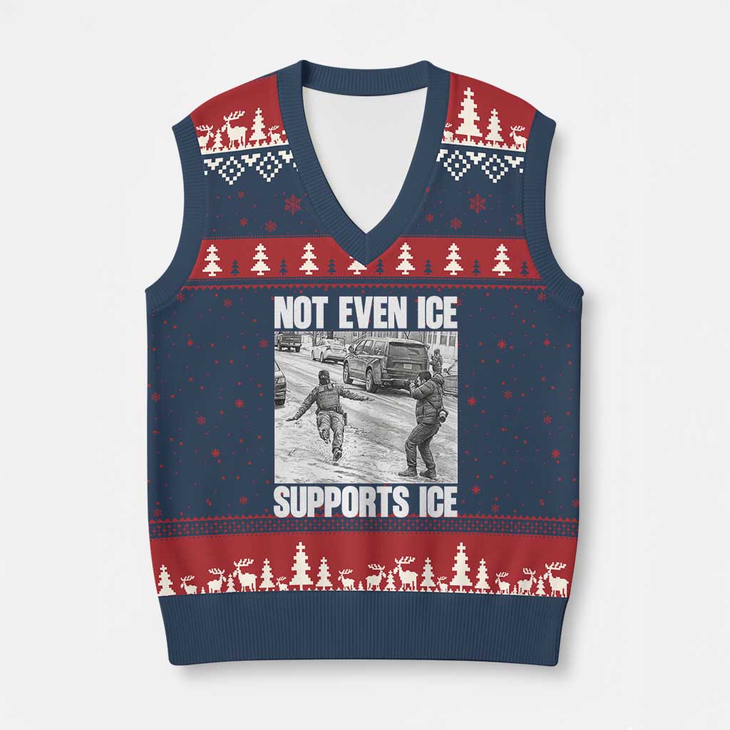 Not Even Ice Supports Ice V-Neck Knit Sweater Vest Viral Political Ice Slipping Captured Meme Against Ice TS02 Navy Red Print Your Wear